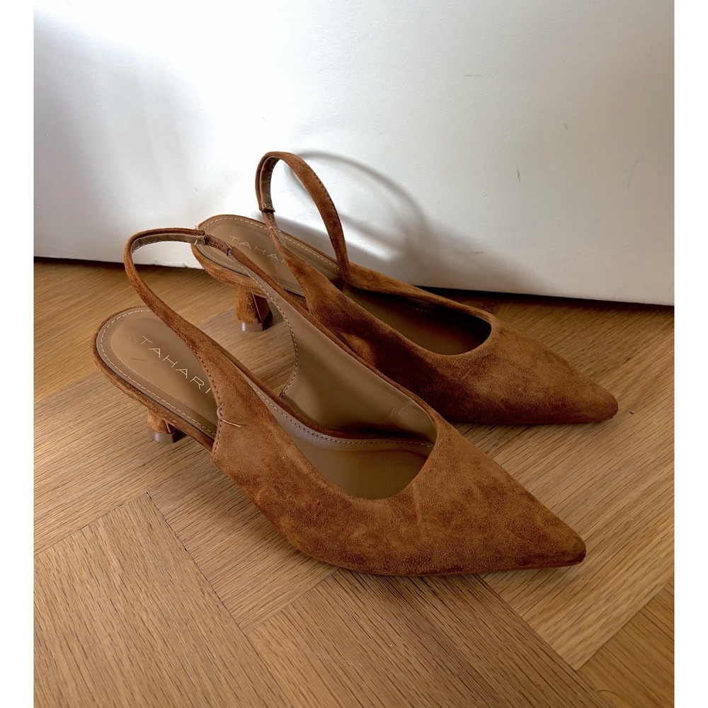 Tahari Chestnut Genuine Suede Leather Pointy Toed Kitten Heels Size 8